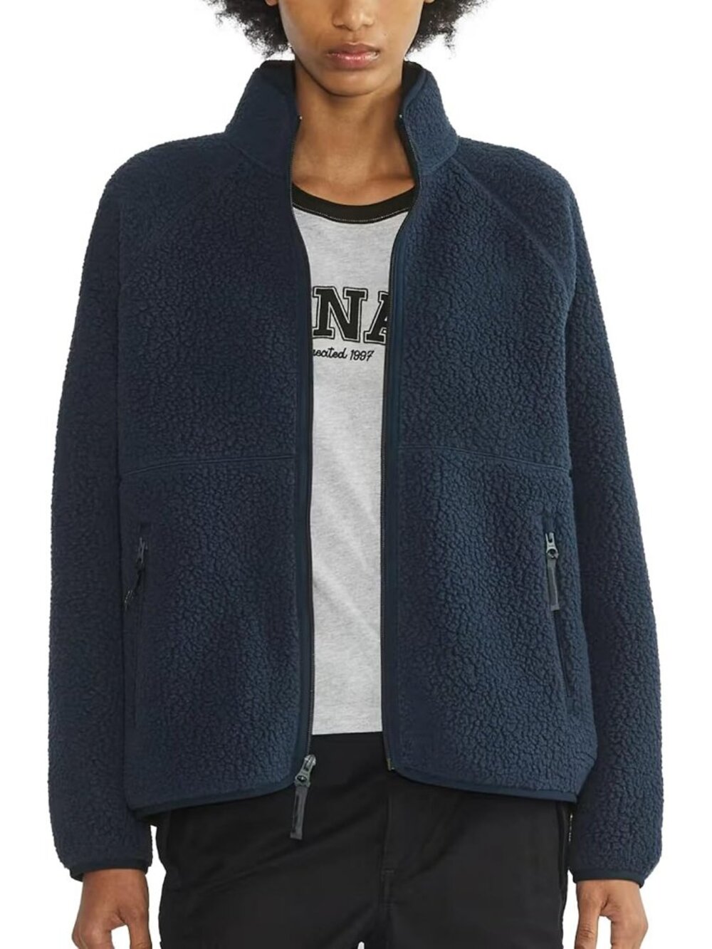 Women's Navy Fuzzy Fleece Jacket Full Zip Fall Winter Sherpa Warm Coats